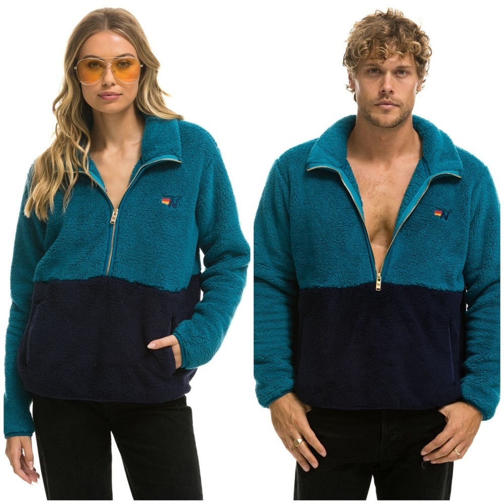 New! Aviator Nation Teal + Navy Unisex Half-zip Color block Teddy Jacket 💙Medium